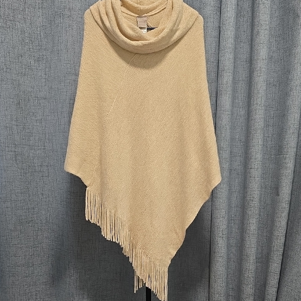Chico's Poncho Cream Knit  with Metallic Accents and fringed ends‎